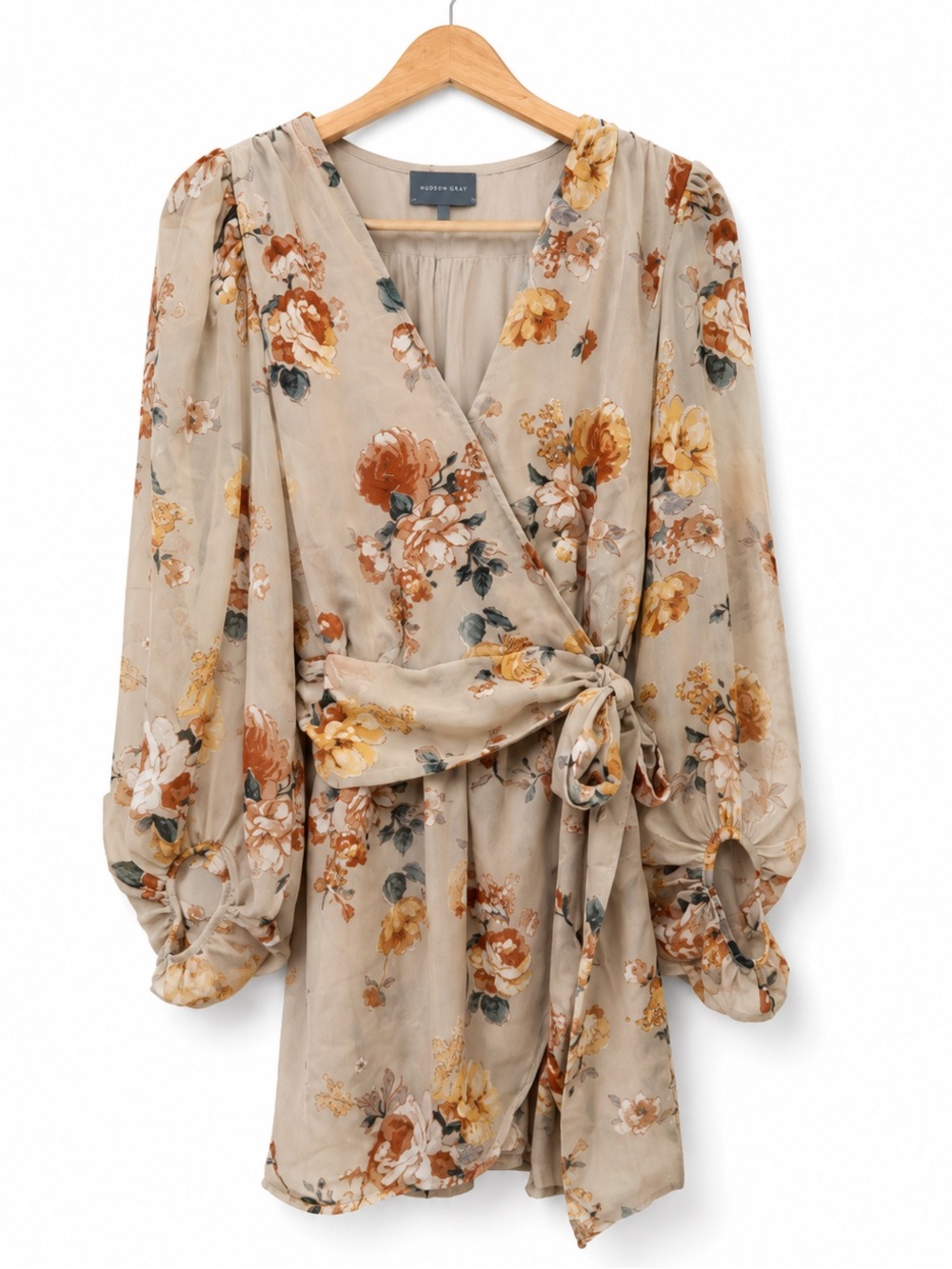 Hudson Gray Beige Floral Wrap Dress NWOTSheer Long Sleeve Tie Waist Size Small